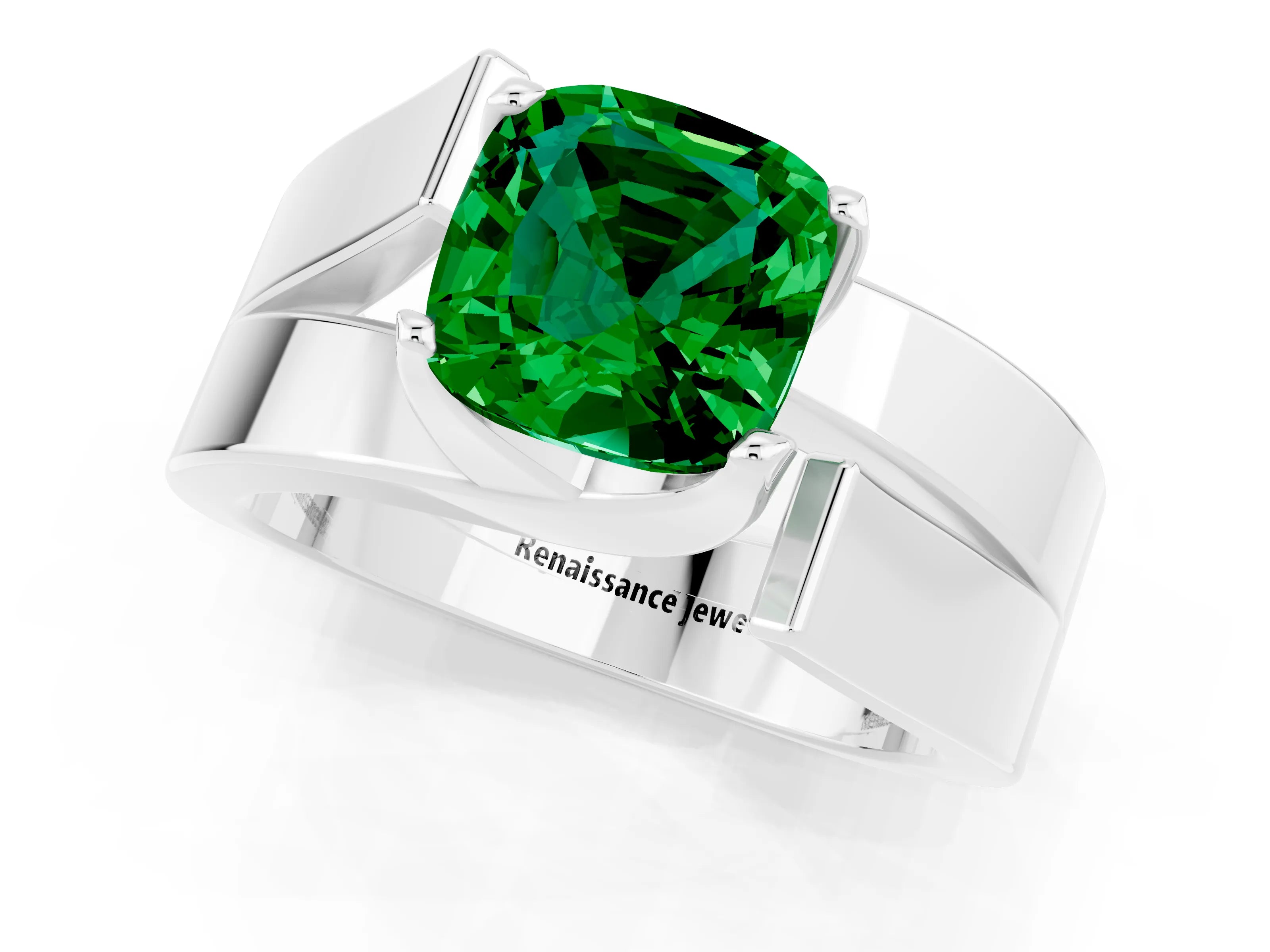 White gold Modern Tension Set Cushion Cut Emerald Solitaire Wide Band Ring_1