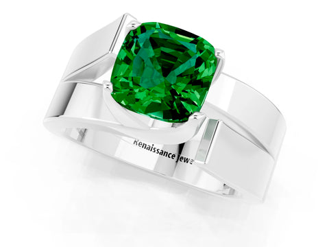 White gold Modern Tension Set Cushion Cut Emerald Solitaire Wide Band Ring_1