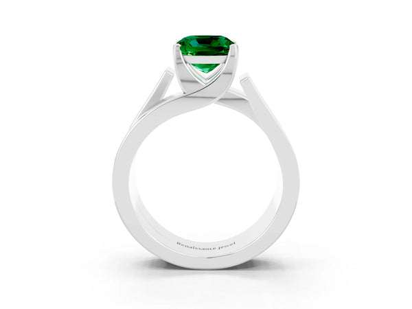 Platinum Modern Tension Set Cushion Cut Emerald Solitaire Wide Band Ring