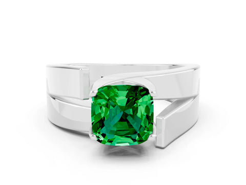 White gold Modern Tension Set Cushion Cut Emerald Solitaire Wide Band Ring