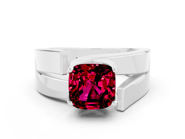 Platinum Modern Tension Set Cushion Cut Garnet Solitaire Wide Band Ring