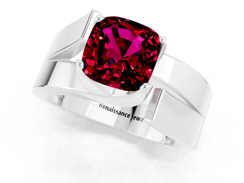 White gold Modern Tension Set Cushion Cut Garnet Solitaire Wide Band Ring_1