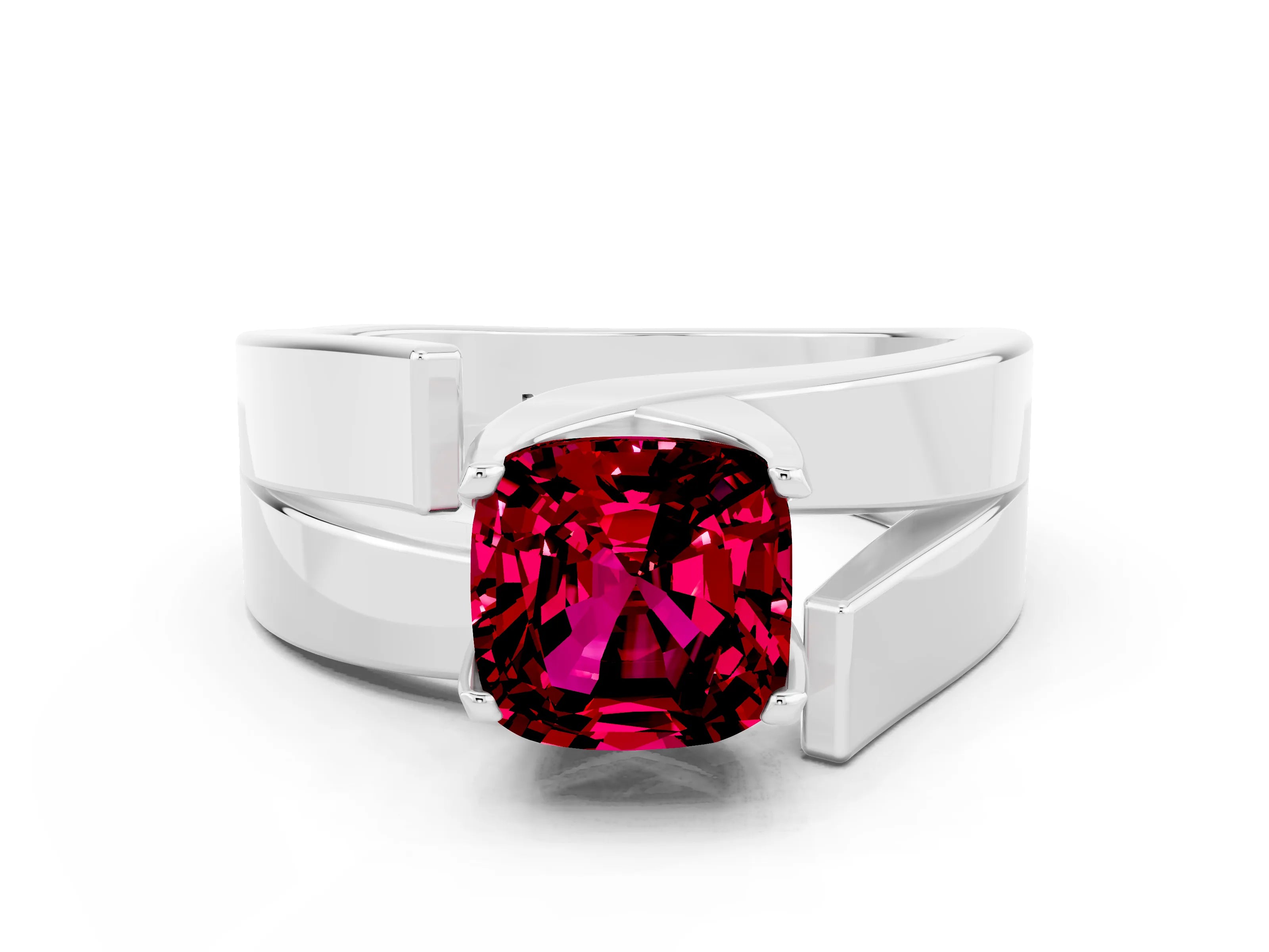 White gold Modern Tension Set Cushion Cut Garnet Solitaire Wide Band Ring