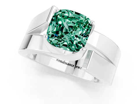 White gold Modern Tension Set Cushion Cut Green Sapphire Solitaire Wide Band Ring_1