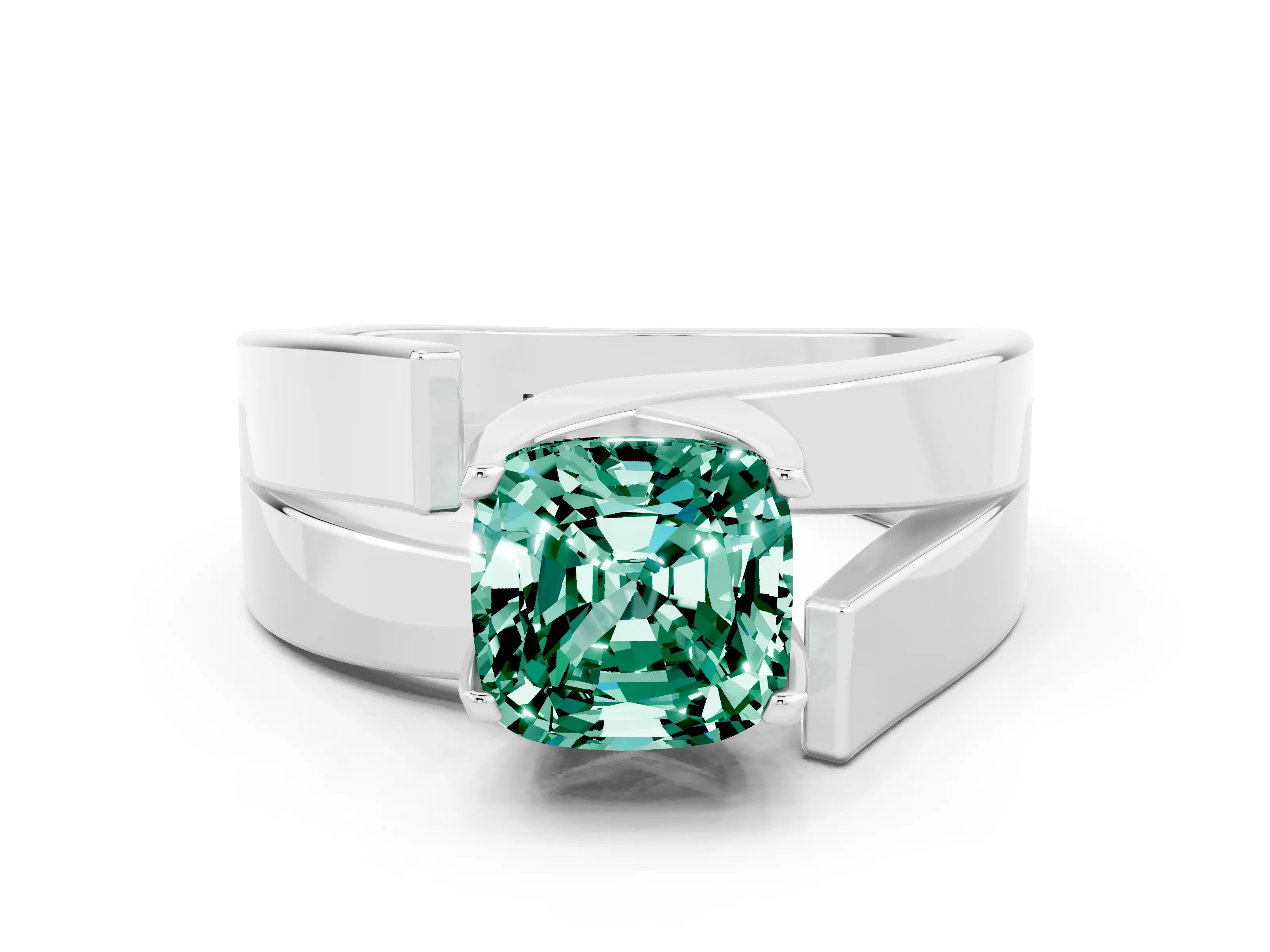 White gold Modern Tension Set Cushion Cut Green Sapphire Solitaire Wide Band Ring