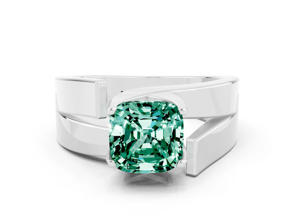 Silver Modern Tension Set Cushion Cut Green Sapphire Solitaire Wide Band Ring