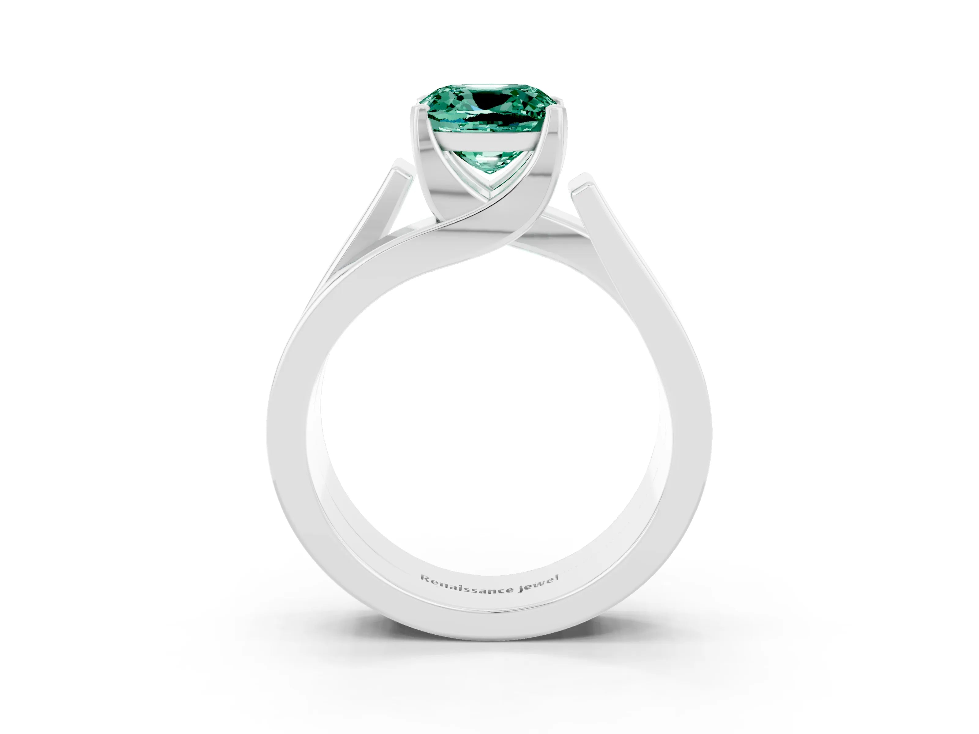 White gold Modern Tension Set Cushion Cut Green Sapphire Solitaire Wide Band Ring_3