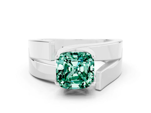 White gold Modern Tension Set Cushion Cut Green Sapphire Solitaire Wide Band Ring