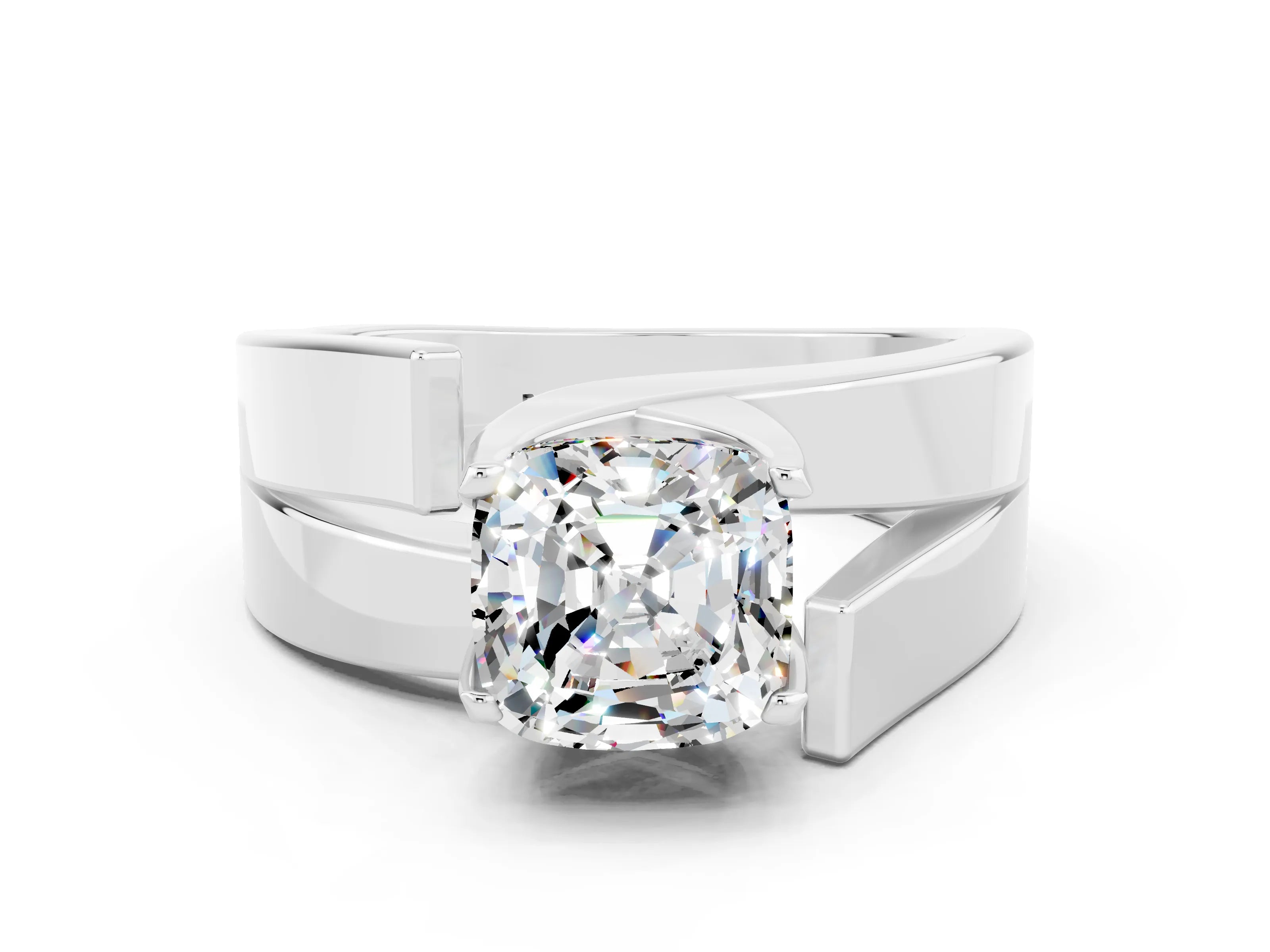 White gold Modern Tension Set Cushion Cut Moissanite Solitaire Wide Band Ring
