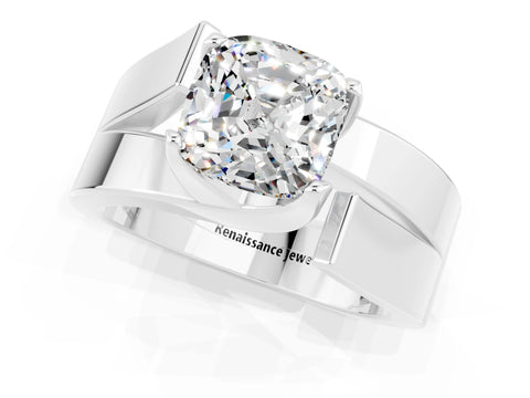 White gold Modern Tension Set Cushion Cut Moissanite Solitaire Wide Band Ring_1
