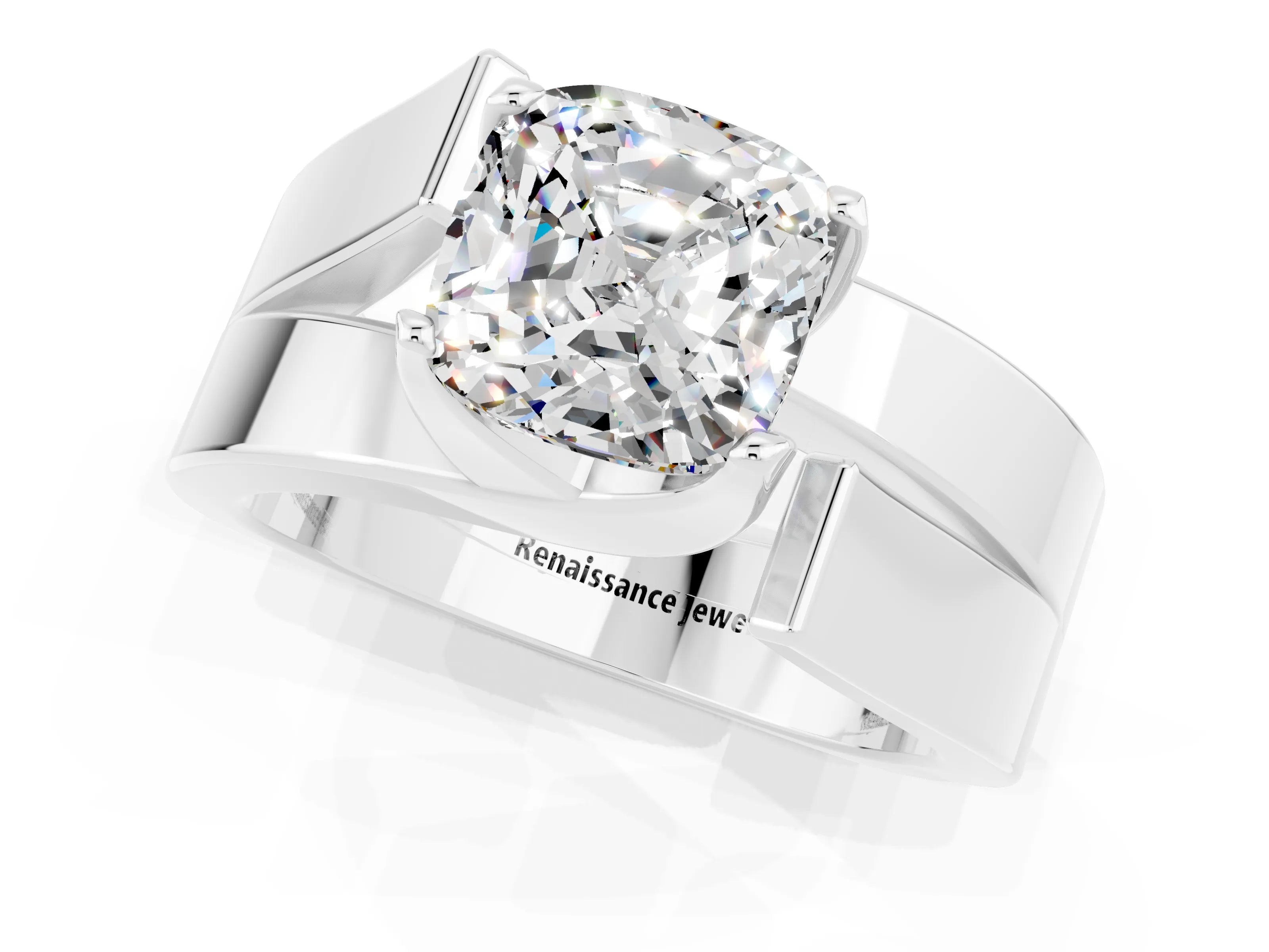 White gold Modern Tension Set Cushion Cut Moissanite Solitaire Wide Band Ring_1