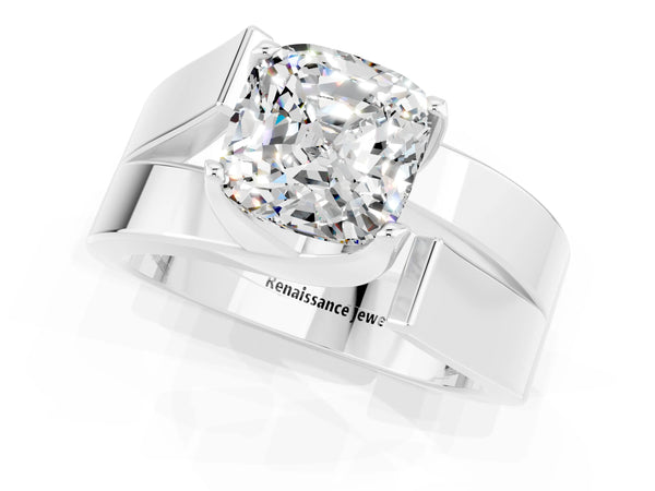 Silver Modern Tension Set Cushion Cut Moissanite Solitaire Wide Band Ring