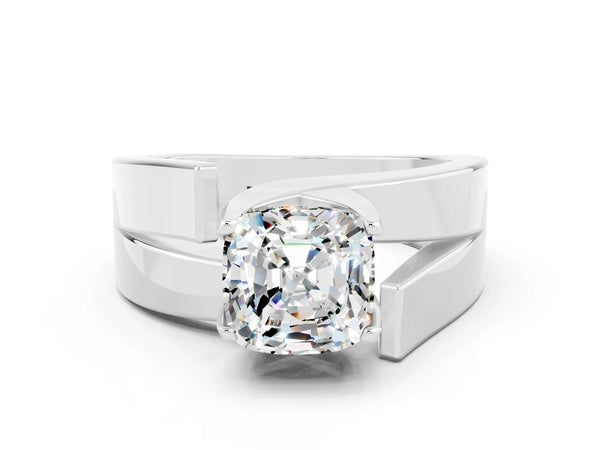Silver Modern Tension Set Cushion Cut Moissanite Solitaire Wide Band Ring
