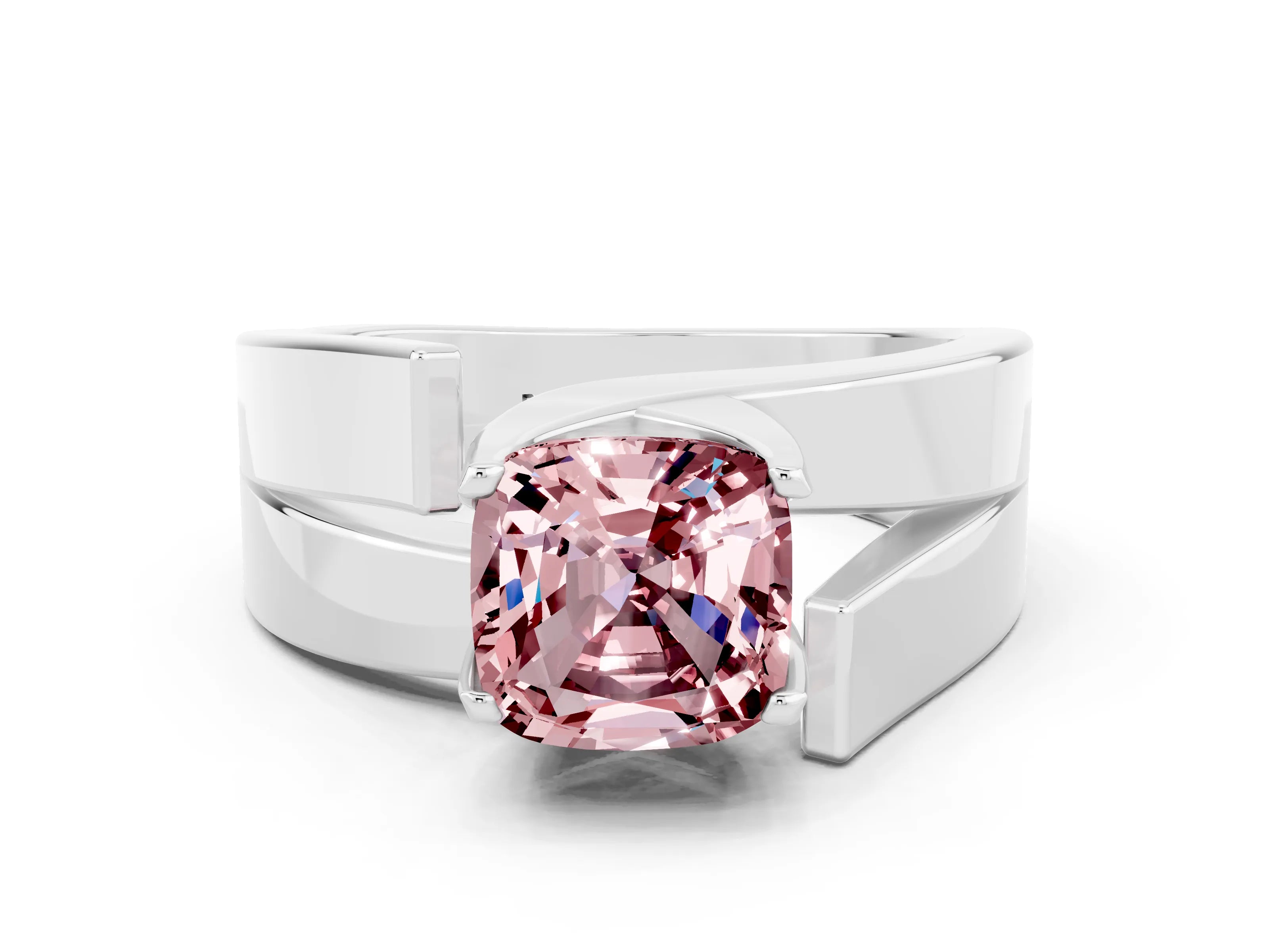 White gold Modern Tension Set Cushion Cut Morganite Solitaire Wide Band Ring