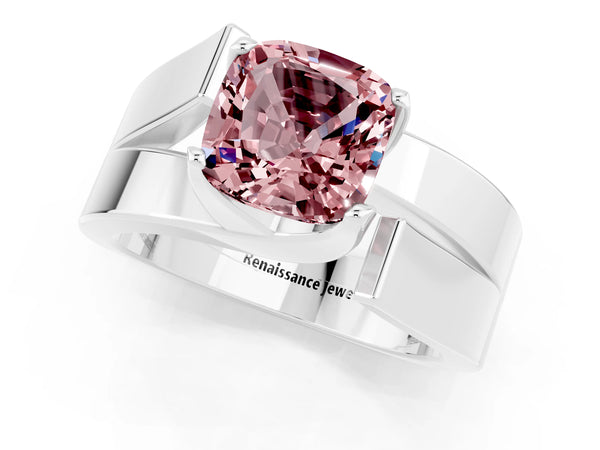 Silver Modern Tension Set Cushion Cut Morganite Solitaire Wide Band Ring