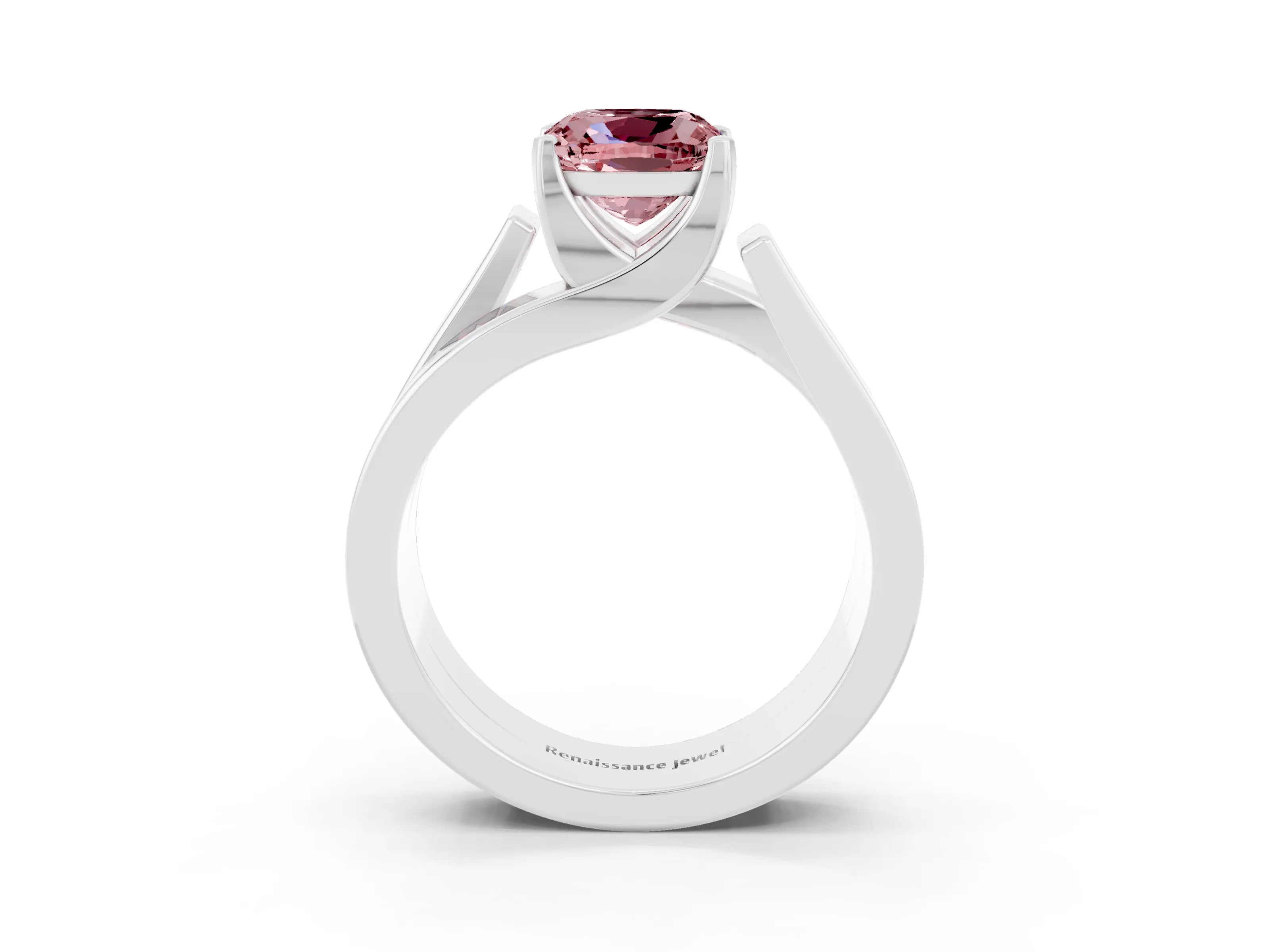 White gold Modern Tension Set Cushion Cut Morganite Solitaire Wide Band Ring_3