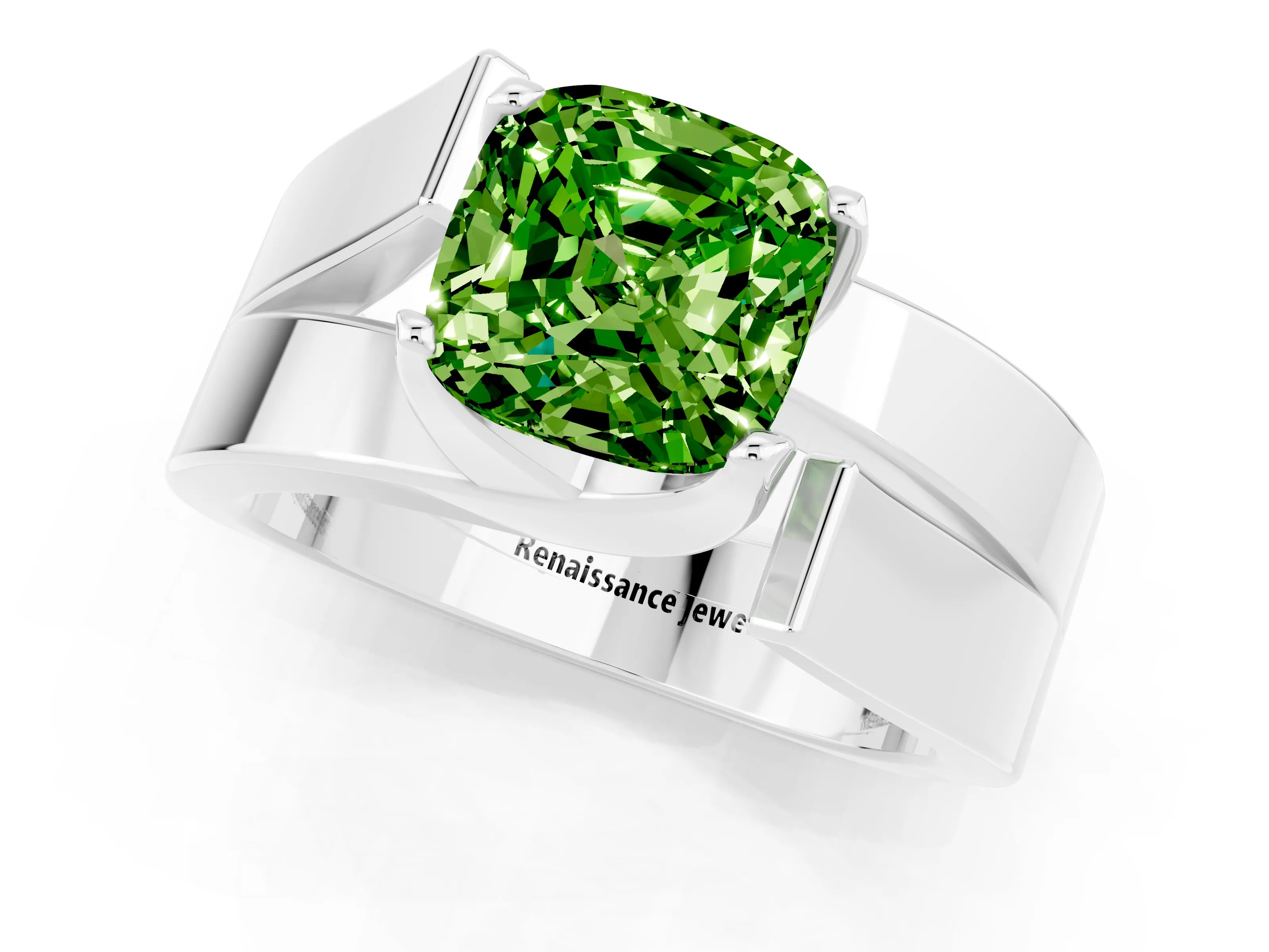 White gold Modern Tension Set Cushion Cut Peridot Solitaire Wide Band Ring_1