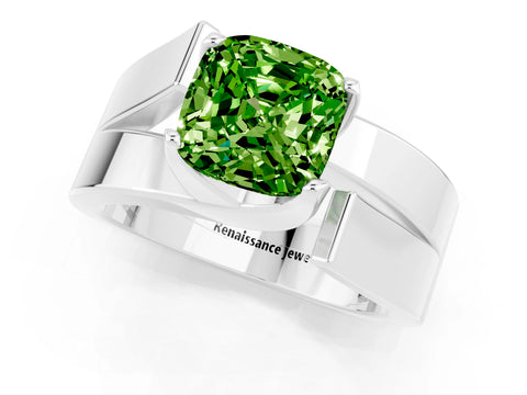 White gold Modern Tension Set Cushion Cut Peridot Solitaire Wide Band Ring_1