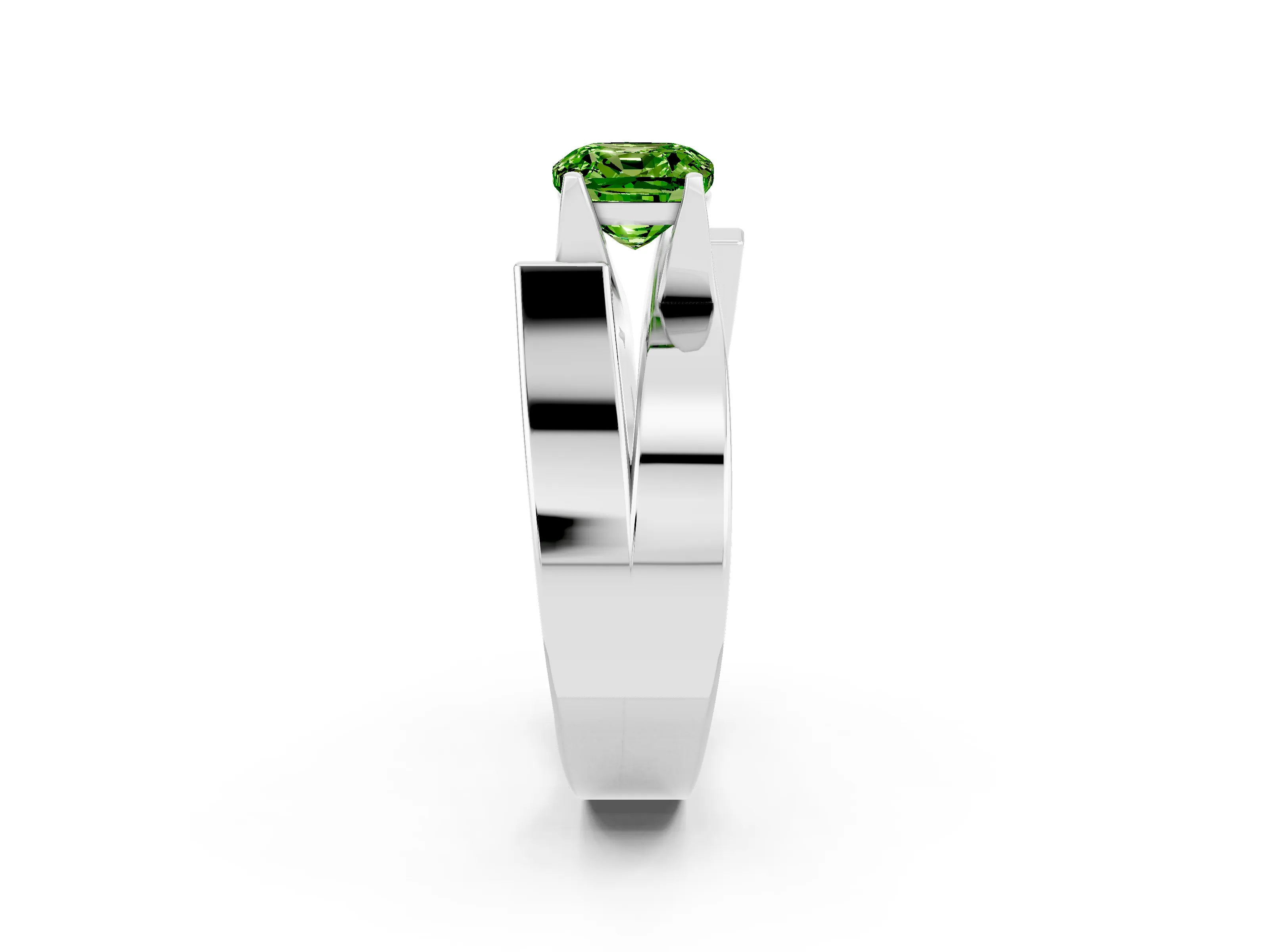 White gold Modern Tension Set Cushion Cut Peridot Solitaire Wide Band Ring_2