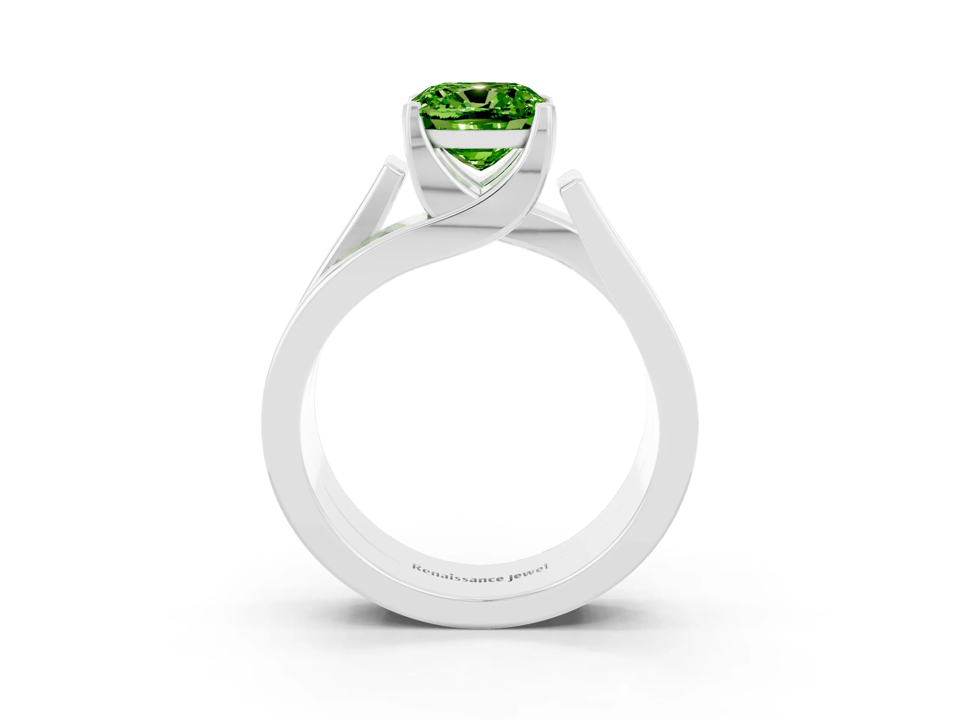 White gold Modern Tension Set Cushion Cut Peridot Solitaire Wide Band Ring_3