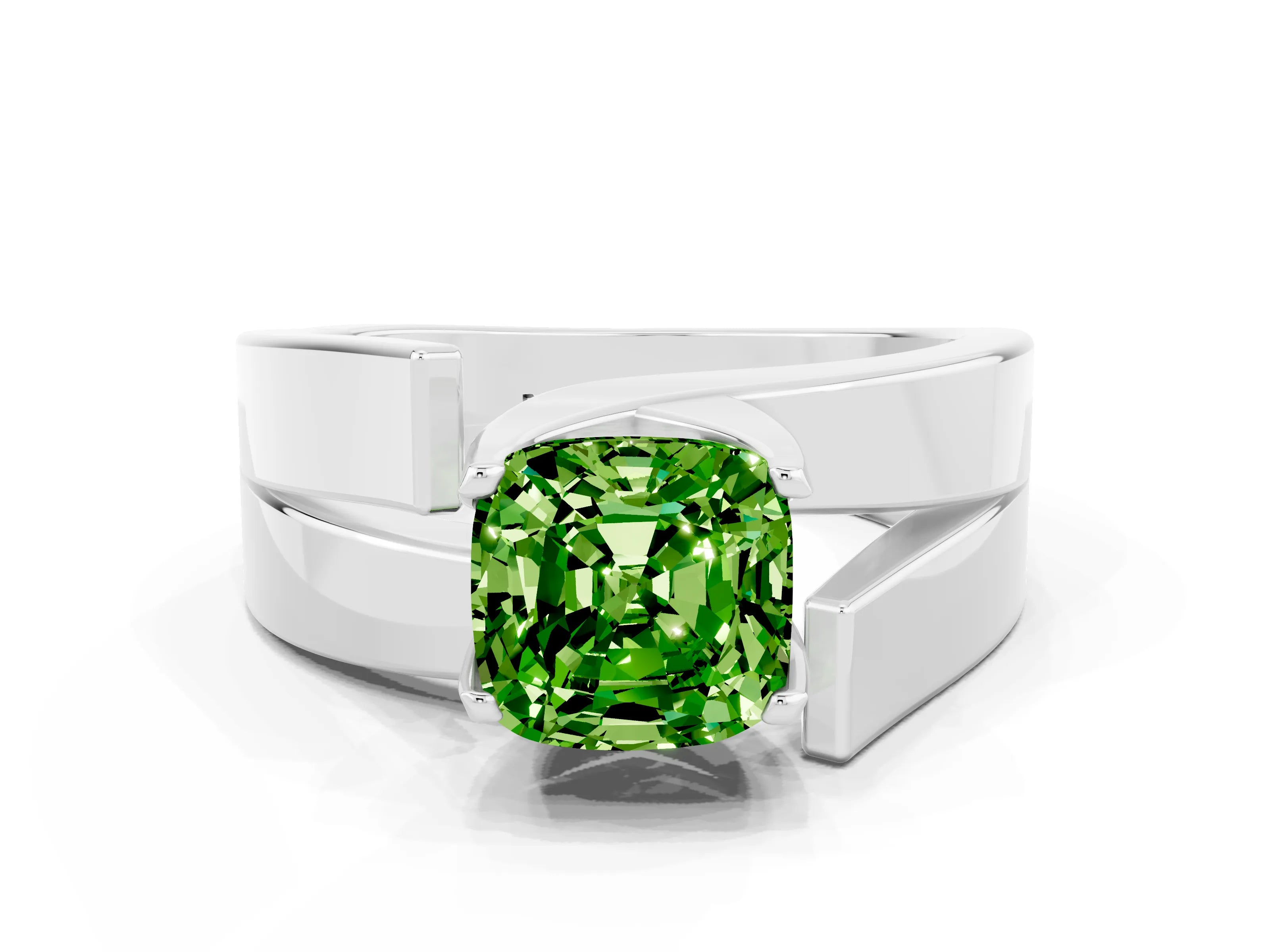 White gold Modern Tension Set Cushion Cut Peridot Solitaire Wide Band Ring