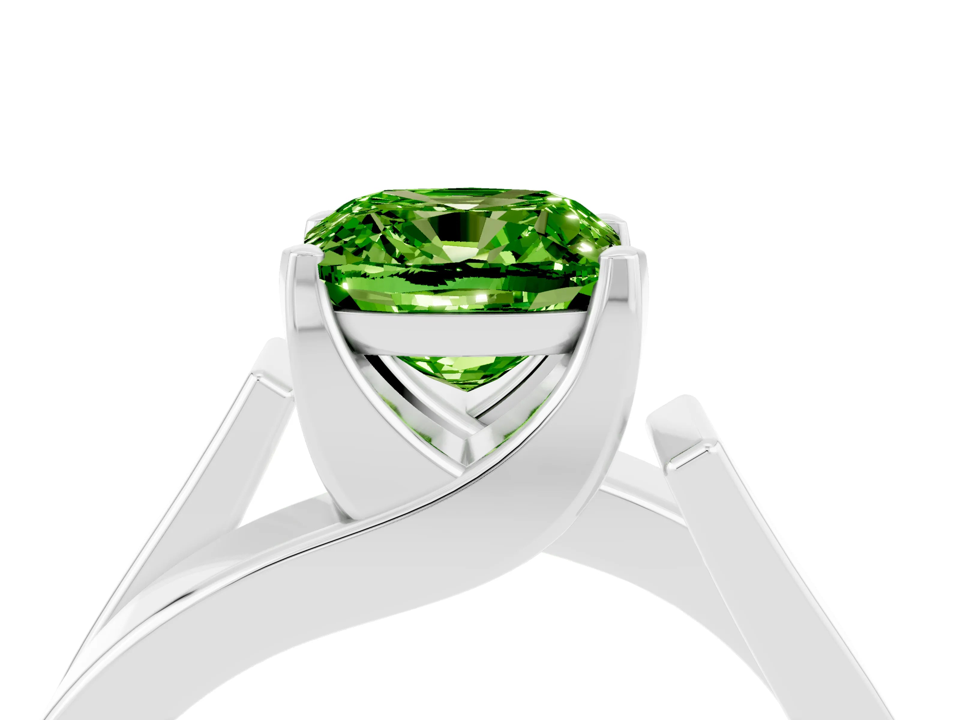 White gold Modern Tension Set Cushion Cut Peridot Solitaire Wide Band Ring_4
