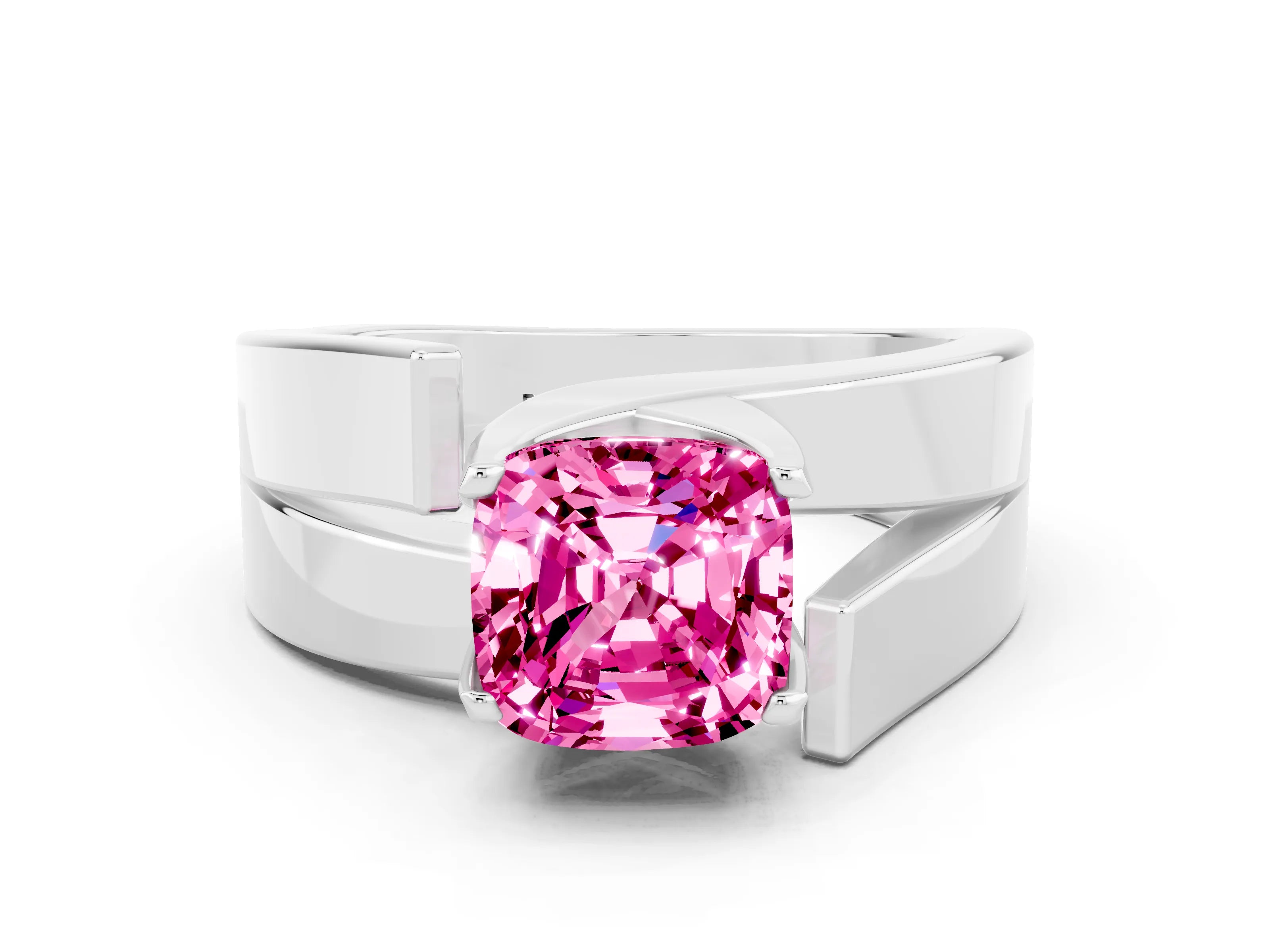 White gold Modern Tension Set Cushion Cut Pink Sapphire Solitaire Wide Band Ring_12