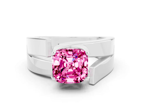 White gold Modern Tension Set Cushion Cut Pink Sapphire Solitaire Wide Band Ring_12