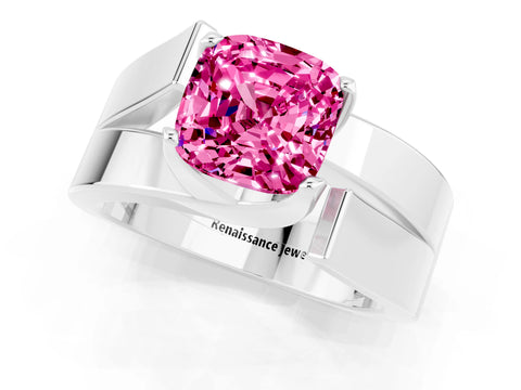 White gold Modern Tension Set Cushion Cut Pink Sapphire Solitaire Wide Band Ring_13