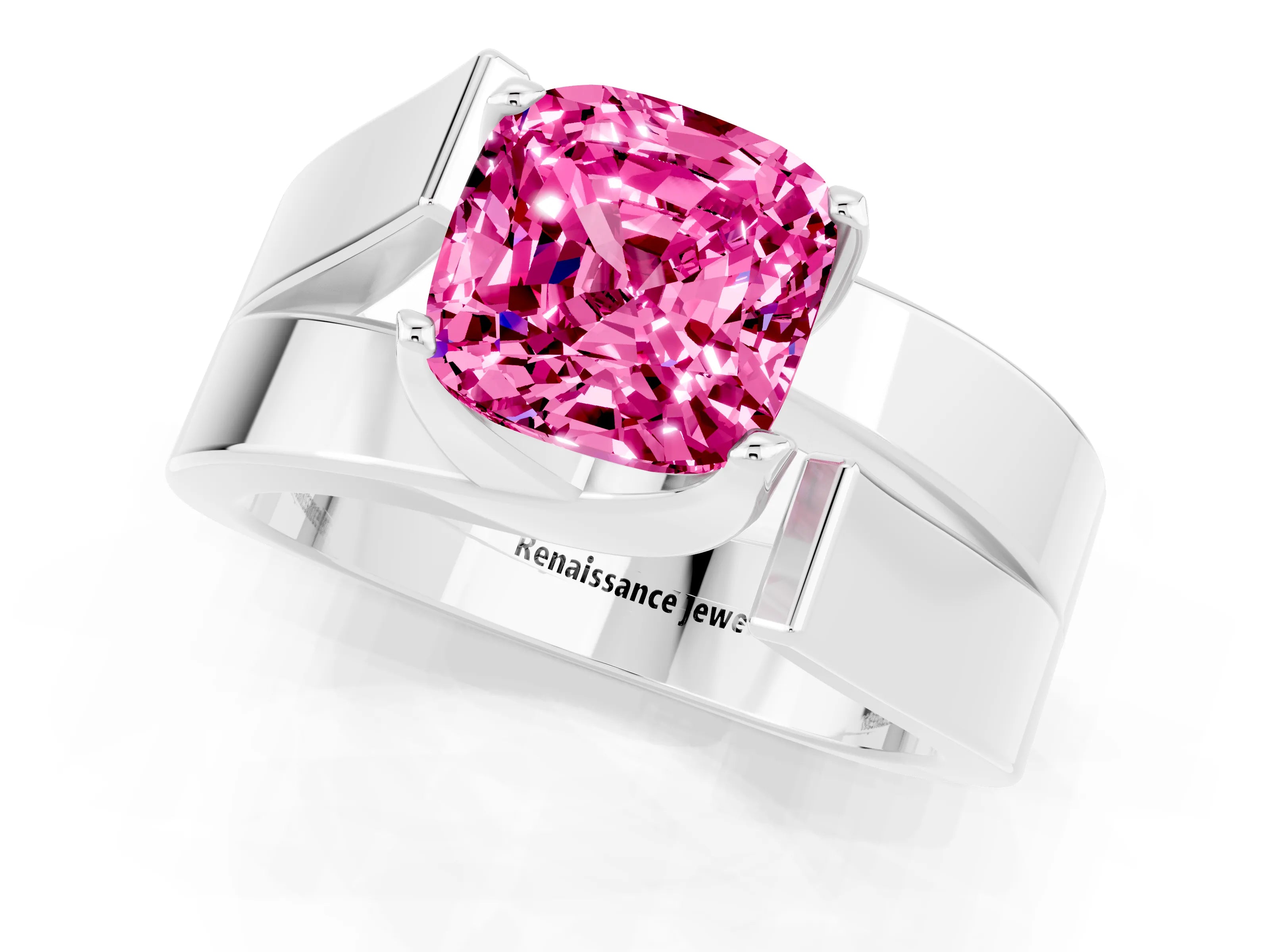 White gold Modern Tension Set Cushion Cut Pink Sapphire Solitaire Wide Band Ring_13