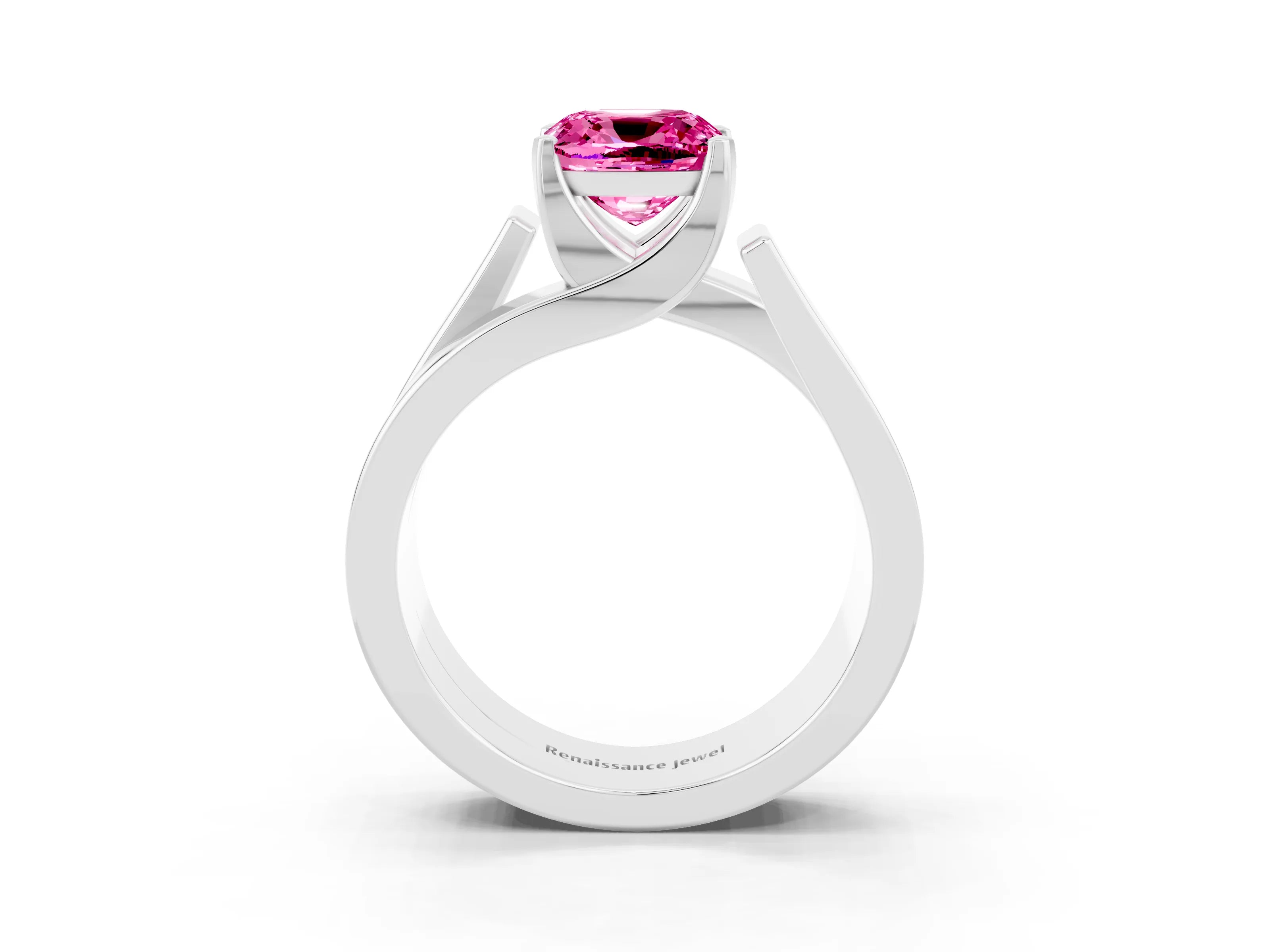 White gold Modern Tension Set Cushion Cut Pink Sapphire Solitaire Wide Band Ring_15