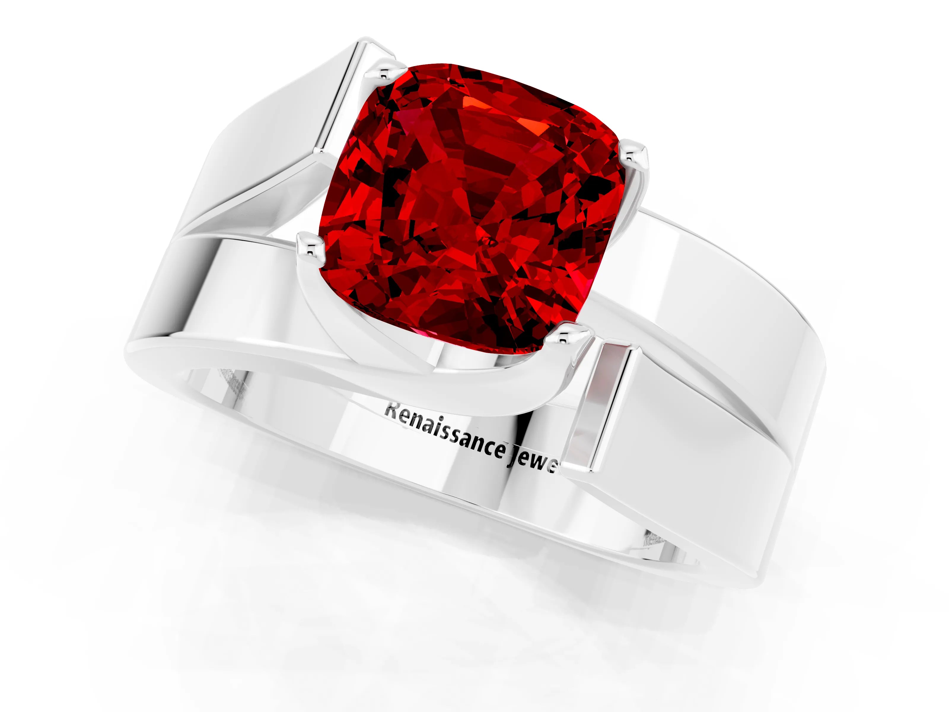 White gold Modern Tension Set Cushion Cut Ruby Solitaire Wide Band Ring_1