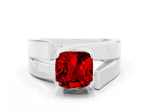 White gold Modern Tension Set Cushion Cut Ruby Solitaire Wide Band Ring