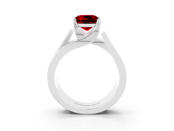 Silver Modern Tension Set Cushion Cut Ruby Solitaire Wide Band Ring