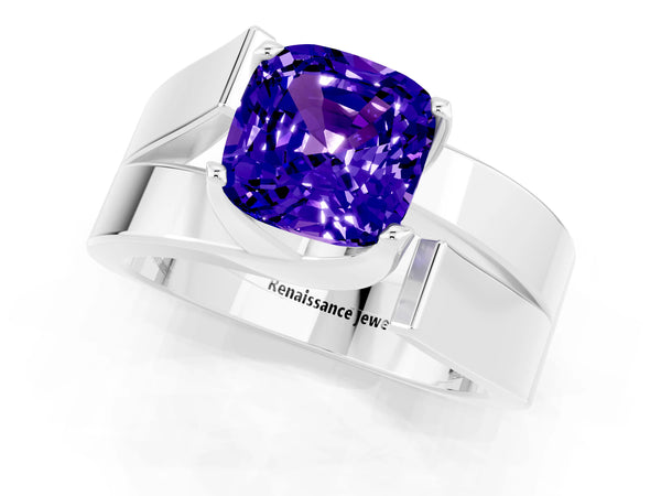 Platinum Modern Tension Set Cushion Cut Tanzanite Solitaire Wide Band Ring