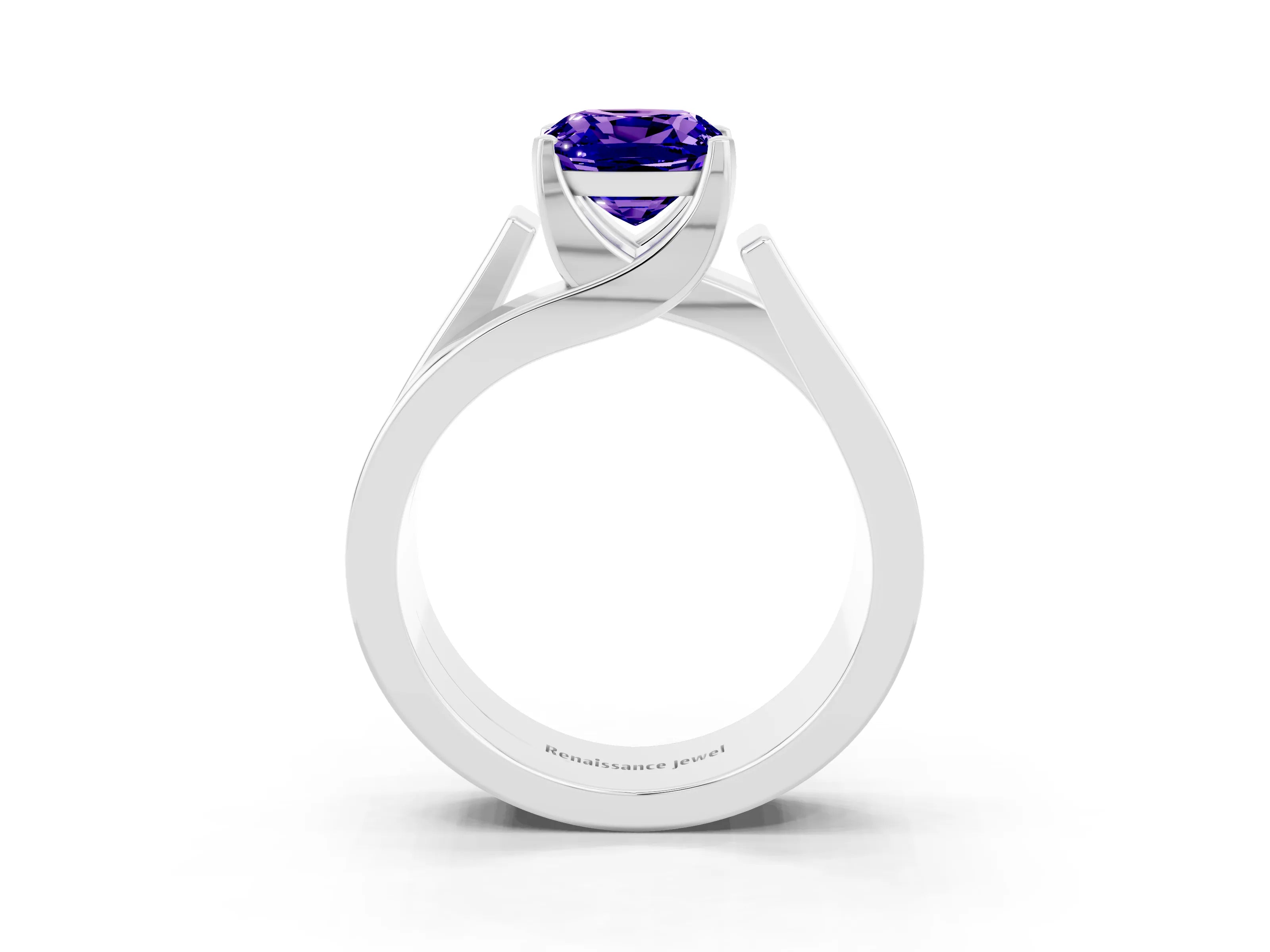 White gold Modern Tension Set Cushion Cut Tanzanite Solitaire Wide Band Ring_3