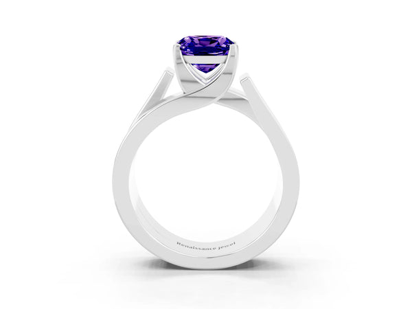 Silver Modern Tension Set Cushion Cut Tanzanite Solitaire Wide Band Ring