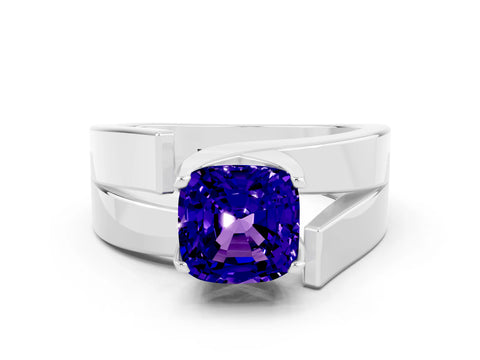 White gold Modern Tension Set Cushion Cut Tanzanite Solitaire Wide Band Ring