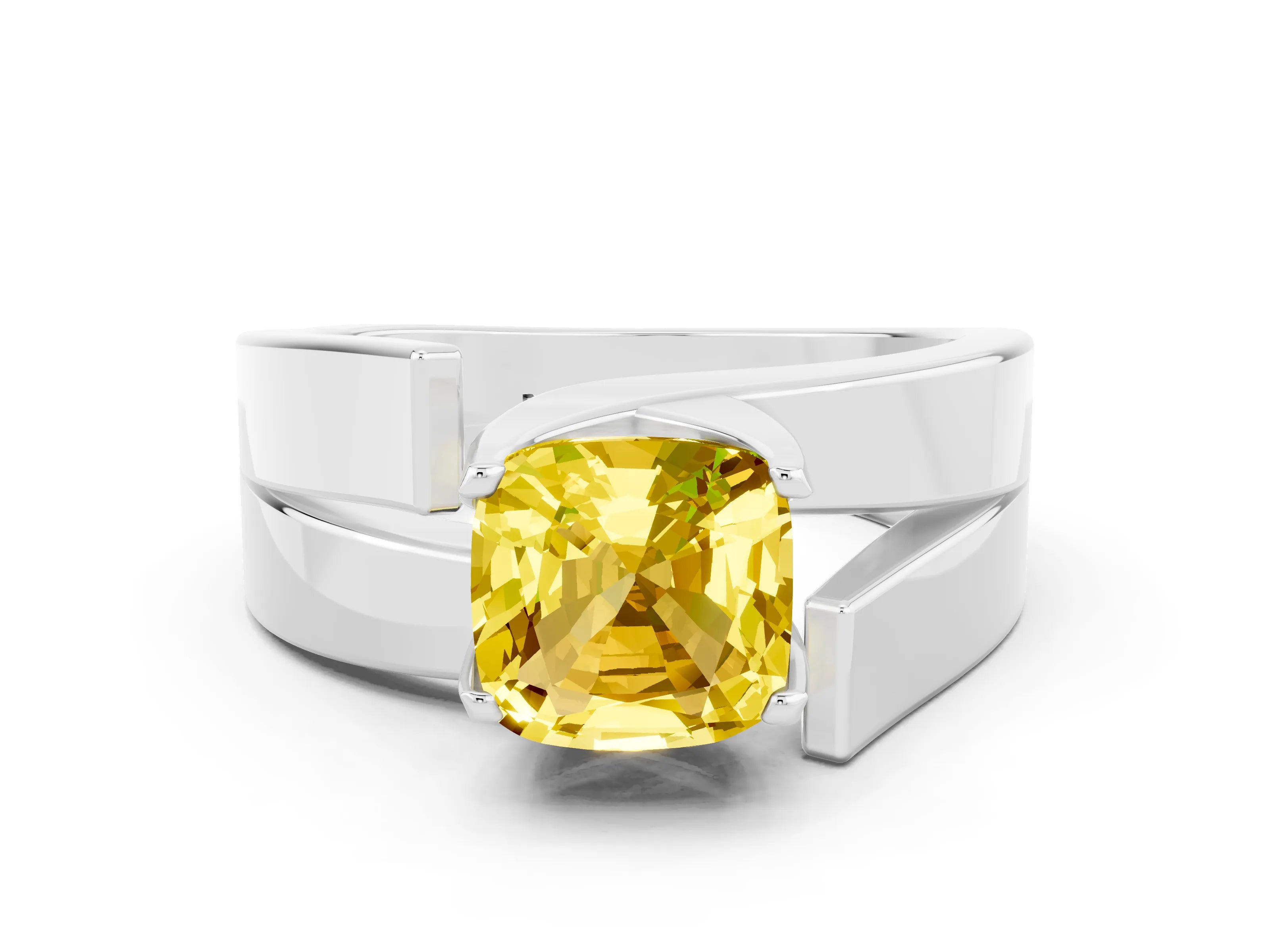 White gold Modern Tension Set Cushion Cut Yellow Sapphire Solitaire Wide Band Ring_12