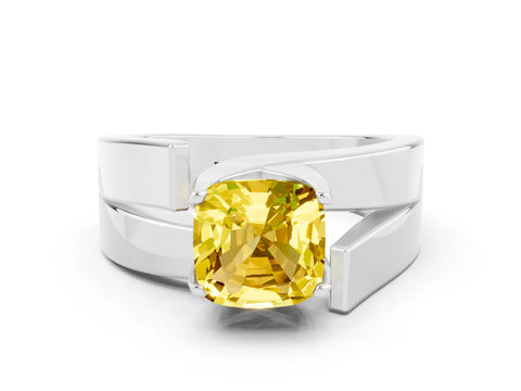 White gold Modern Tension Set Cushion Cut Yellow Sapphire Solitaire Wide Band Ring_12