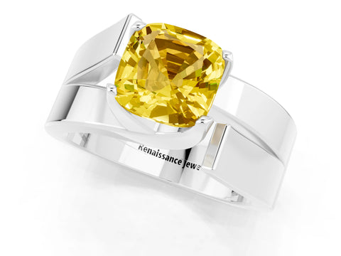 White gold Modern Tension Set Cushion Cut Yellow Sapphire Solitaire Wide Band Ring_13