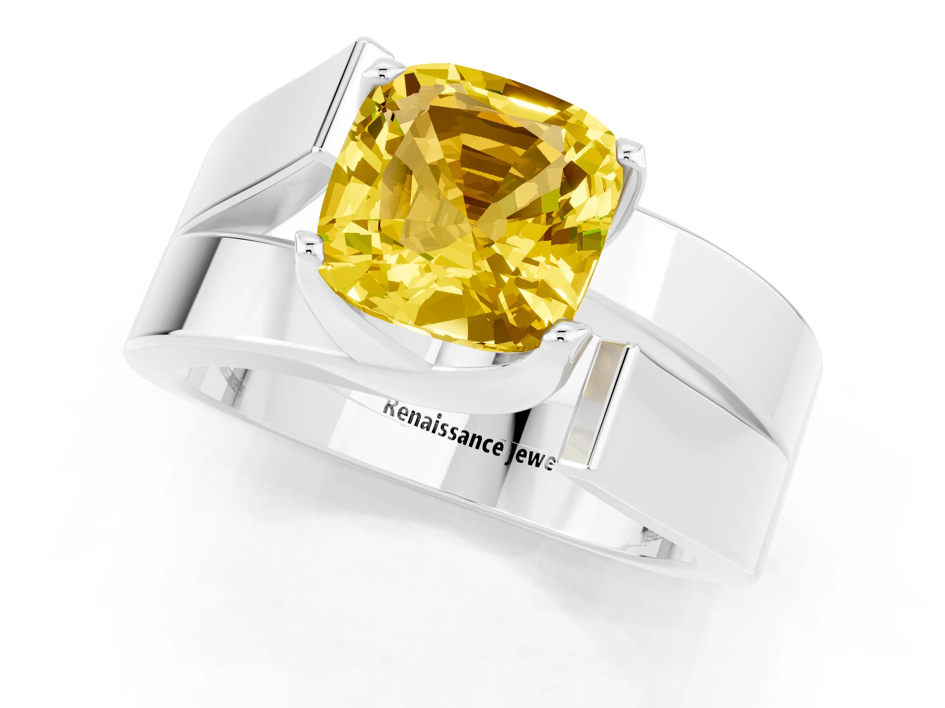 White gold Modern Tension Set Cushion Cut Yellow Sapphire Solitaire Wide Band Ring_13