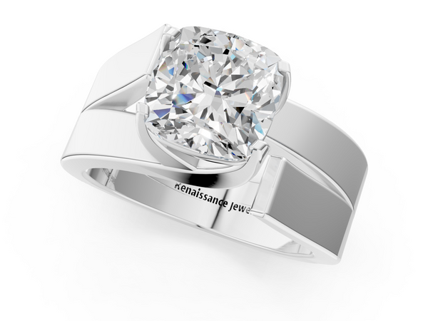 White gold Modern Tension Set Cushion Cut Diamond Solitaire Wide Band Ring