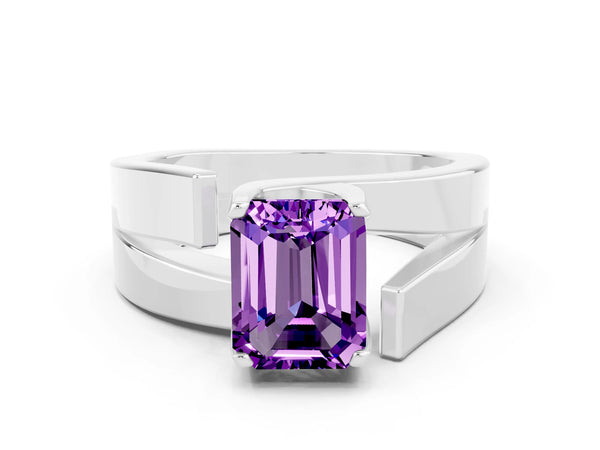 Platinum Modern Tension Set Emerald Cut Amethyst Solitaire Wide Band Ring