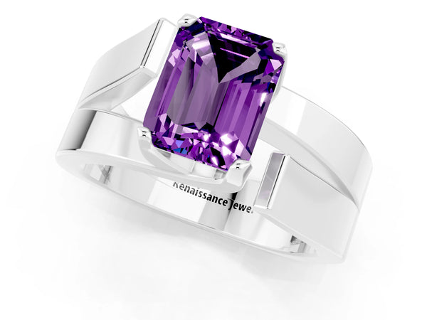 Platinum Modern Tension Set Emerald Cut Amethyst Solitaire Wide Band Ring