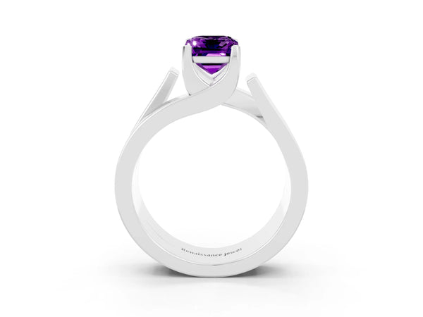 Platinum Modern Tension Set Emerald Cut Amethyst Solitaire Wide Band Ring