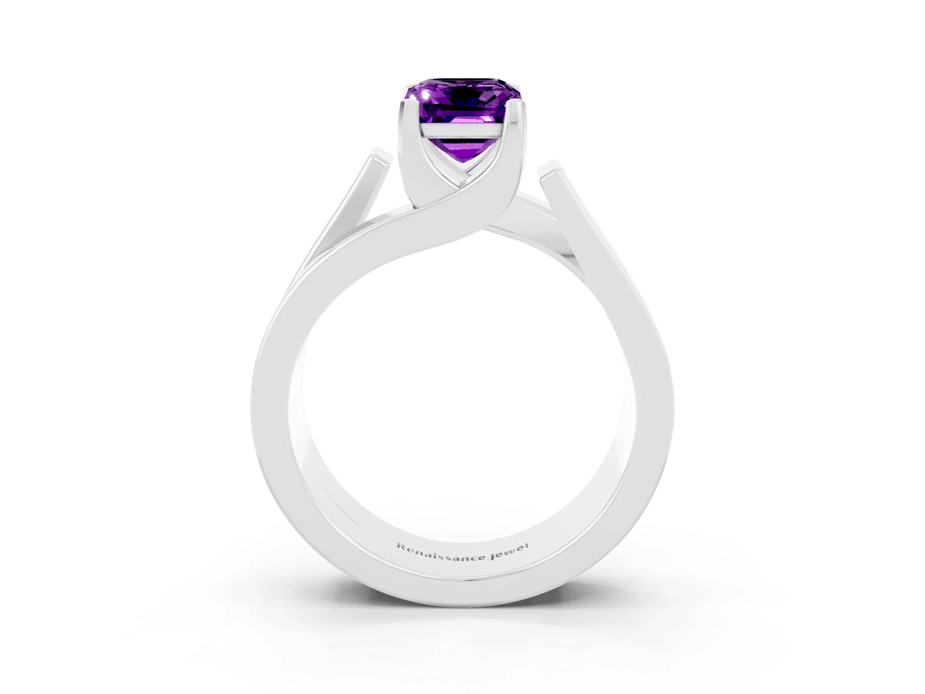 White gold Modern Tension Set Emerald Cut Amethyst Solitaire Wide Band Ring_3
