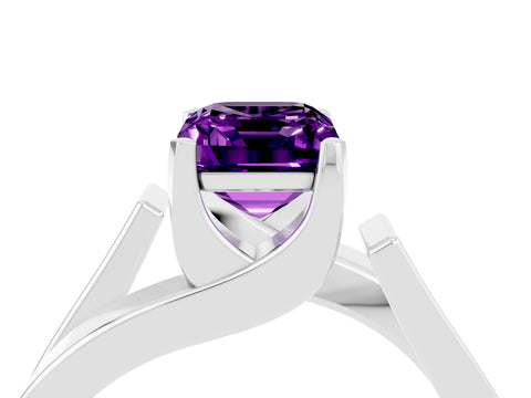 White gold Modern Tension Set Emerald Cut Amethyst Solitaire Wide Band Ring_4