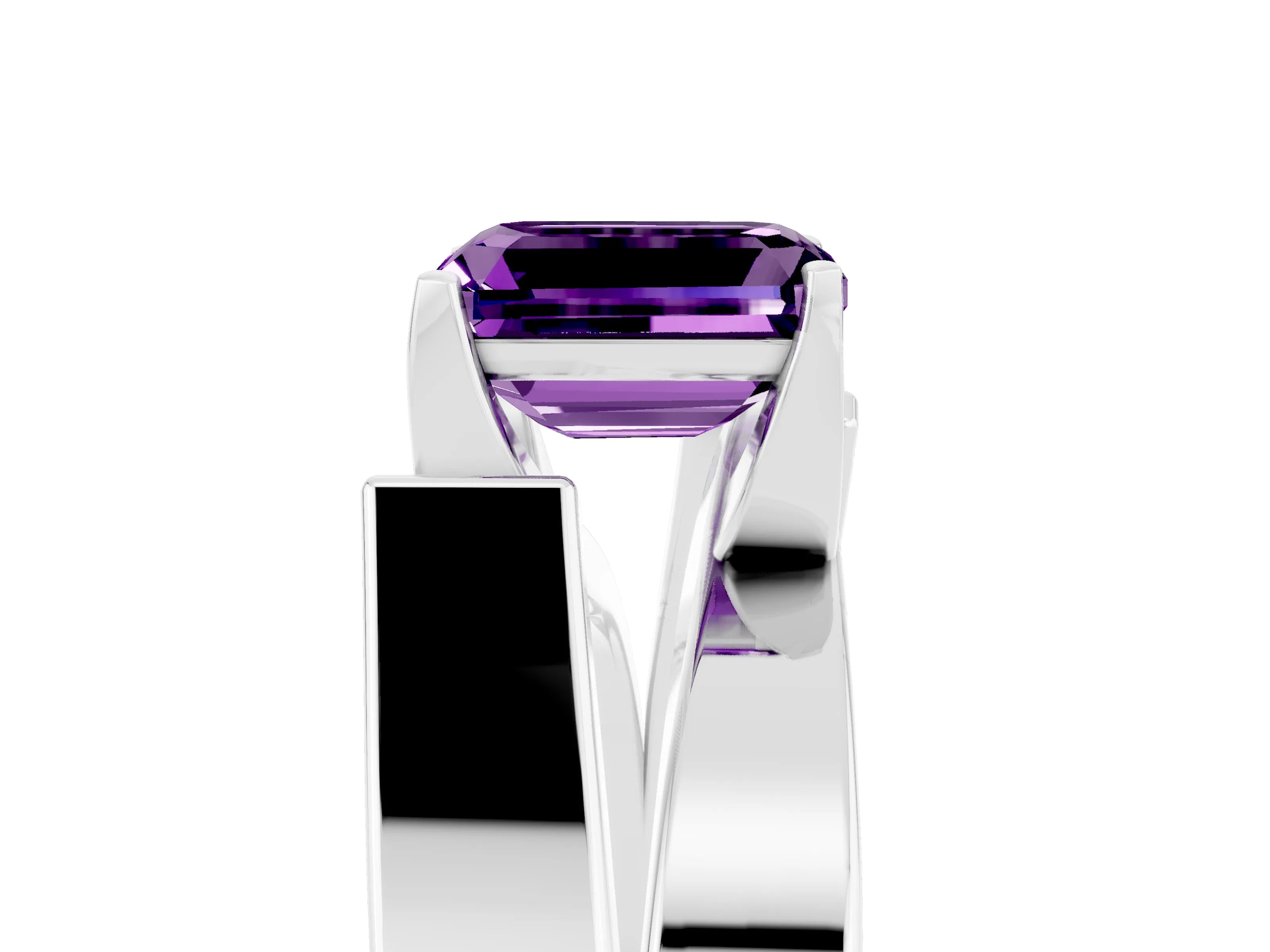 White gold Modern Tension Set Emerald Cut Amethyst Solitaire Wide Band Ring_5