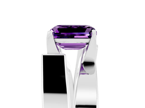 White gold Modern Tension Set Emerald Cut Amethyst Solitaire Wide Band Ring_5